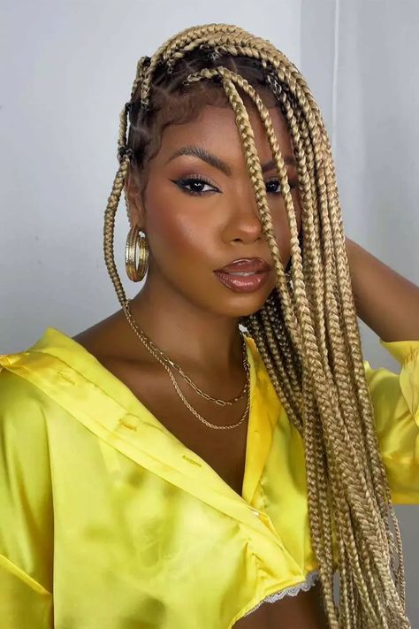 Golden Box Braids, Blonde Box Braids Black Women, Dark Blonde Braids, Pink Box Braids, Tree Braids Hairstyles, Braid Extensions, Large Box Braids, Blonde Updo, Ombre Braid