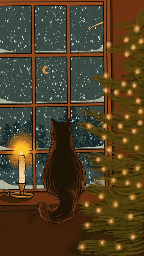 Cat Wallpaper Christmas, Christmas Cat Wallpaper, Everyday Scenes, 달력 디자인, Wallpaper Christmas, Christmas Aesthetic Wallpaper, Winter Cat, Winter Illustration, Christmas Phone Wallpaper