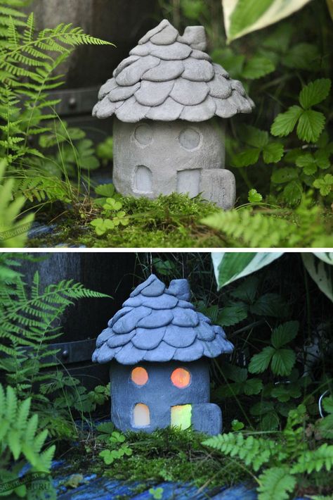 Cement Fairy House Lantern Cement Fairy House Diy, Fairy House Lantern, Diy Cement Projects, Mum Presents, Fairy Pots, Cement Ideas, Bathroom Mirror Makeover, Cement Projects, Bathroom Inspiration Colors