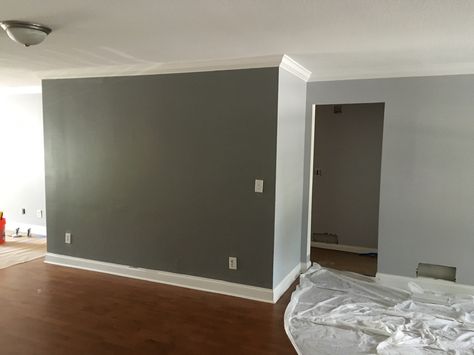 Behr Silver Bullet/gunmetal gray accent wall living room Behr Silver Bullet, Gray Accent Wall Living Room, Grey Accent Wall Living Room, Behr Gray Paint, Gray Accent Wall Bedroom, Gray Accent Wall, Accent Wall Living Room, Grey Bedroom Paint, Queen Sized Bedroom Sets