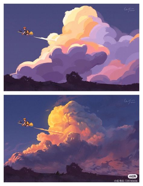 How To Paint Clouds Digital, Clouds Reference Drawing, Stylized Clouds Illustrations, Cloud Tutorial Painting, Cloud Background Drawing, How To Draw Clouds Digital, Digital Art Clouds, Cloud Shading, Cloud Digital Art