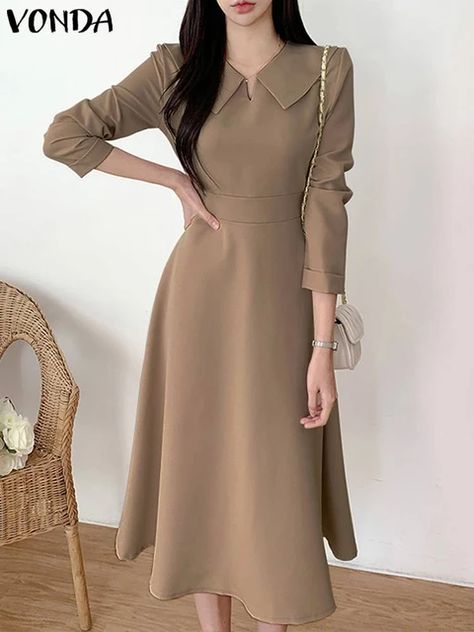 Dress Midi Hijab, Korean Frocks For Women, Korean Dress Outfit Casual, Aliexpress Outfits, Korean Dress Outfit, Korean Casual Dress, Casual Dress Korean Style, Bohemian Office, Sundress Casual