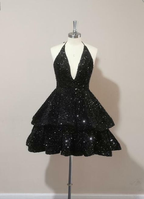 Sexy Halter Black Sequin Short Homecoming Dresses on Storenvy Black Short Prom Dresses, Black Sequin Prom Dress, Cocktail Dresses Black, Black Prom Dress Short, Black Sequin Shorts, Tiered Prom Dress, Mermaid Prom Dresses Lace, Short Homecoming Dresses, Black Homecoming Dress