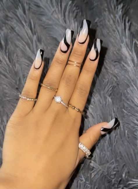 Black White And Gray Nails, Uni Nails, Hoco Nails, Tapered Square Nails, Manicure Nail Designs, Black Acrylic Nails, White Acrylic Nails, Dope Nail Designs, Gray Nails