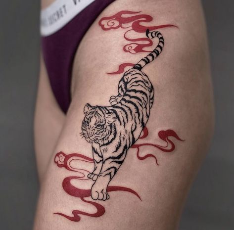 Japanese Tattoo Thigh For Women, Traditional Red Tattoo, Tiger Red Tattoo, Japanese Style Tiger Tattoo, Red Ink Tiger Tattoo, Dainty Japanese Tattoo, Japanese Tattoos Traditional, Tiger Thigh Tattoo For Women, Tiger Tattoo For Women Thighs