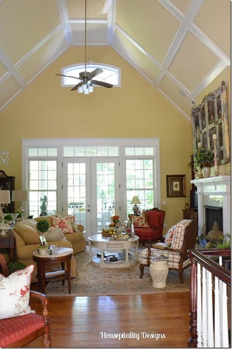 vaulted living room Colors For Rooms, Rooms With Vaulted Ceilings, Living Room Yellow, Room Yellow, Yellow Paint Colors, Dream House Living Room, Yellow Room, Yellow Living Room, Yellow Paint