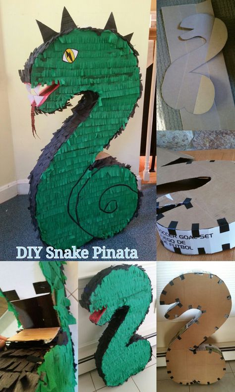 DIY Snake Pinata : cardbox, tape, crepe paper, construction papers, glue, glue gun, red ribbon, marker & someone who holds the cardboard while you put the tapes together Snake Pinata Diy, Snake Pinata, Cardboard Snake, Harry Potter Snake, Diy Snake, Snake Cakes, Snake Birthday, Snake Crafts, Snake Party