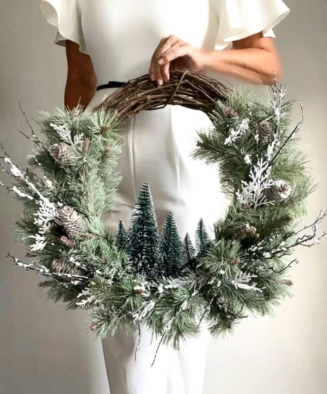 Winter Door Wreath, Cabin Mountain, Door Wreath Christmas, Christmas Cabin, Cottage Wreath, Winter Door, Bottle Brush Tree, Brush Trees, Wreath Winter