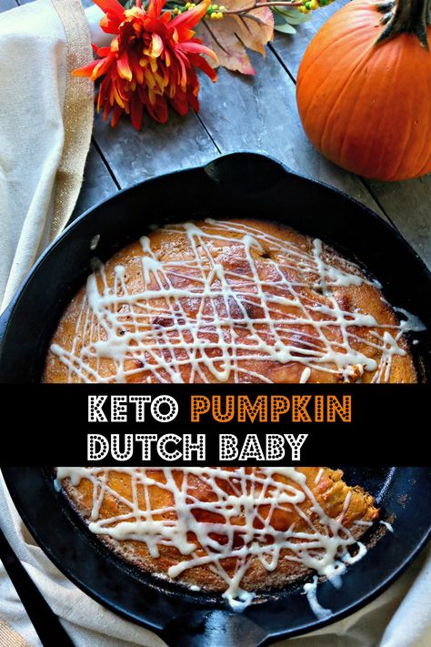 Brunch, Breakfast Keto Pumpkin Dutch Baby with Cream Cheese Glaze. Low Carb, Almond Flour, Easy mix, bake for 15 minutes. #ketodutchbaby #ketopumpkindutchbaby #spinachtiger #lowcarbketobreakfast #ketobreakfast #ketopumpkinrecipe #ketobakedpancake Pumpkin Dutch Baby, Keto Dutch Baby, Savory Dutch Baby, Dutch Baby Recipe, Season Recipes, Healthy Pancakes, Autumn Food, Bon Apetit, Breakfast Keto