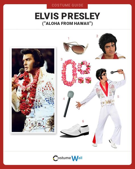 Elvis Presley (”Aloha from Hawaii”) Costume Elvis Pompadour, Elvis Presley Costume, Elvis Presley Aloha From Hawaii, Glitter Microphone, Hawaii Costume, White Tuxedo Dress, Short Black Wig, Amethyst Dress, Elvis Costume