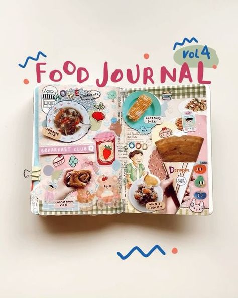 Angel (flairenciel) ౨ৎ on Instagram: "It’s time for #FECfoodjournal 🍒 we’ve made it to volume 4 🥳🥳🥳  Always a fun time sihhh explore possibility apa yaa yang bisa dikaitkan dengan makanan nya untuk jadi dekor yang lucu 🫶🏻🥹  Lovelovelove food journalll!!  Seru sekali coba2 dan explore creativity💥💥💥  #journaling #creativejournaling #journalwithme #journal #creative #junkjournaling #collage #creativejournal #scrapbook #journalingcommunity #arttherapie #journalspread #journalinspiration #foodjournal" Food Journal Aesthetic, Cooking Journal Ideas, Cookbook Scrapbook, Food Journal Ideas, Eating Journal, Collages Aesthetic, Cooking Journal, Journal Creative, Homemade Cookbook