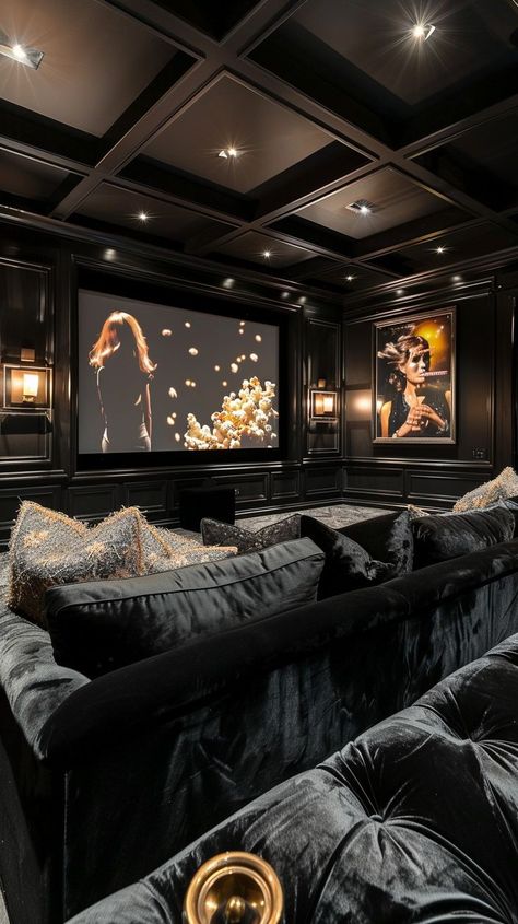 Elegant private home theater with plush black velvet seating, large projection screen, ambient lighting, and sophisticated art-filled panels for luxury entertainment. Home Theater Ideas Luxury, Home Theater Design Luxury, Luxury Home Cinema Room, Cinema Room Design, Velvet Seating, Home Theater Room Design, Theater Room Design, Home Cinema Room, Home Theater Decor