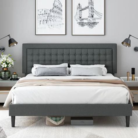 Tufted Upholstered Platform Bed with Adjustable Headboard Platform Bed Frame With Headboard, Grey Bed Frame, Cama King Size, Tufted Upholstered Headboard, Bed Platform, Lit King Size, Bed Frame With Headboard, Modern Platform Bed, Cama King