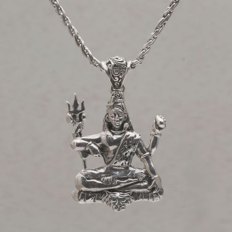 Often associated with the destruction that is necessary for rebirth, Lord Shiva is one of the Holy Trinity of Hinduism. Cahya Krisna of Bali depicts Shiva in this stunningly detailed sterling silver pendant necklace. The pendant centers a sterling silver Cuban link chain. Semedi means "meditation" in the Indonesian language. Shiva Locket, Shiva Necklace, Silver Cuban Link Chain, Indonesian Language, Locket Design, Asian Aesthetic, Lord Siva, Portraits Art, The Holy Trinity