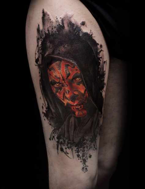 Darth Maul (Mirco Is Dead Campioni) Maul Tattoo, Darth Maul Tattoo, Star Wars Tattoo Sleeve, Dark Maul, Animal Sleeve Tattoo, Punk Tattoo, Blue Harvest, Nerd Tattoo, Skull Sleeve Tattoos