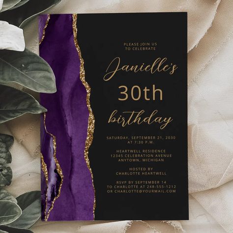 Purple Gold Agate Slate Script 30th Birthday Invitation | Zazzle Black Gold Birthday Party, 65th Birthday Invitations, Black Gold Birthday, 60th Birthday Party Ideas, Modern Birthday Party, 60th Birthday Party Invitations, 30th Birthday Party Invitations, 70th Birthday Invitations, 50th Birthday Party Invitations