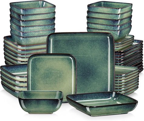 Amazon.com | vancasso Stern Green Dinner Set- Square Reactive Glaze Tableware- 48 Pieces Kitchen Dinnerware Stoneware Crockery Set with Dinner Plate, Dessert Plate, Bowl and Soup Plate Service for 12: Dinnerware Sets Crockery Set, Plates And Bowls Set, Stoneware Dinnerware Sets, Green Square, Stoneware Dinnerware, Kitchen Dinnerware, Stainless Steel Cookware, Ceramic Dinnerware, Reactive Glaze