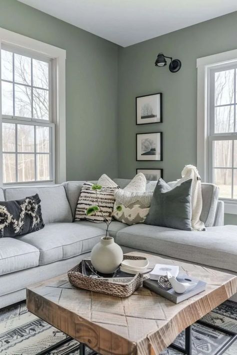 Green And White Walls Living Rooms, Johnstone's Natural Sage, Green Beige Grey Living Room, Light Sage Walls Living Room, Green Living Room Wall Color, Soft Sage Living Room, Soft Green Living Room Walls, Gray And Sage Green Living Room, Green Nature Living Room