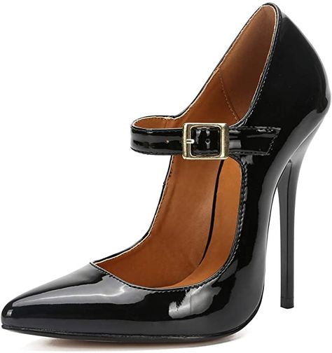 Amazon.com | MAIERNISI JESSI Unisex Men's Women's Pointed Toe Stiletto High Heel Buckle up Pumps Satin Black EU47 - Size 14.5 Women/13 Men | Pumps 6 Inch Heels, Party Pumps, Heels Stilettos, Pumps Heels Stilettos, Metallic Heels, Satin Heels, Point Shoes, Womens Shoes High Heels, Pointed Toe Shoes