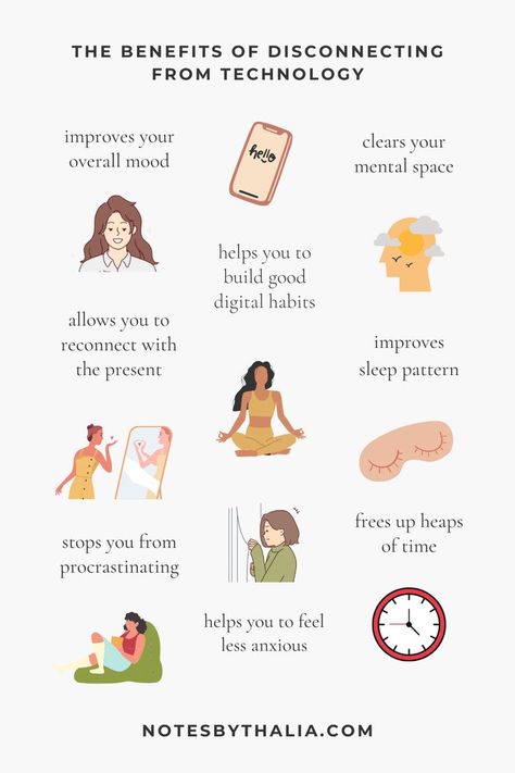 The Benefits of Disconnecting From Technology Infographics; black text over white background and cute graphics Detox Day, Detox Challenge, Detox Tips, Social Media Break, Digital Detox, Digital Health, Mental Health Care, Taking A Break, Self Care Activities