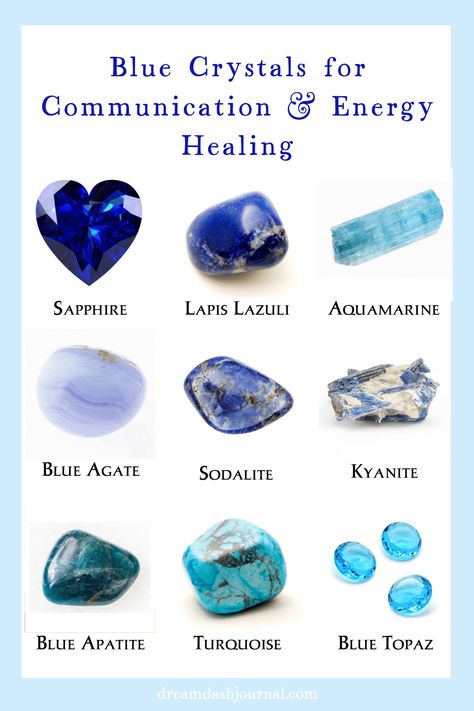 Blue Crystals and Stones List Crystals For Communication, Throat Chakra Crystals, Crystal Healing Chart, Crystal Uses, Hag Stones, Crystal Power, Crystal Guide, Magical Stones, Crystal Cave