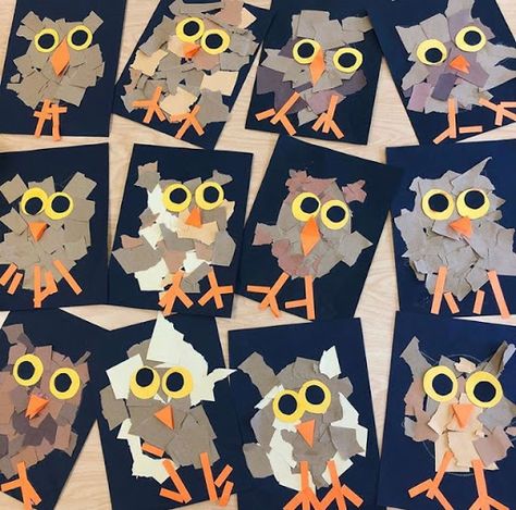 Art with Mr. Giannetto: Kindergarten - Torn Paper Owls Owl Craft, Woodland Animal Art, Animal Art Projects, Kindergarten Art Projects, Fall Art Projects, Paper Owls, Owl Crafts, Kindergarten Art, Torn Paper