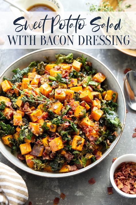 This warm sweet potato salad features tender roasted sweet potatoes and kale tossed in a sweet and tangy bacon dressing. Winter Salad Sweet Potato, Sweet Potato And Kale Recipes, Sweet Potatoes Salad, Kale And Sweet Potato Salad, Sweet Potatoes And Kale, Sweet Potato Kale Salad, Kale Sweet Potato Salad, Roasted Sweet Potato Salad, Potatoes And Kale