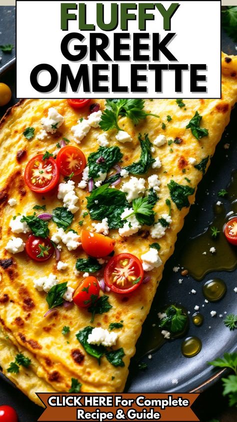 Looking for the perfect breakfast? This Greek Omelette Recipe is loaded with crumbled feta cheese, juicy cherry tomatoes, fresh spinach, and red onions, all folded into fluffy, golden eggs. The bold Mediterranean flavors make it irresistible! Plus, this Omelette Recipe Easy takes less than 10 minutes to whip up. Try this delicious Greek Omelette for a quick, healthy meal that feels gourmet! Full Recipe At Dealiciousness.net Black Bean Omelet, Mediterranean Breakfast Toast, Gourmet Omelette Recipe, Make Ahead Omelettes, How To Make Omelet, Healthy Breakfast Recipes Eggs, Healthy Eggs Breakfast, Omelete Recipes, Pesto Omelette