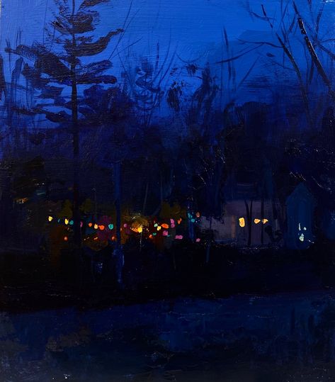 Holiday Lights Warm the Dark Winter Nights of Jeremy Miranda's Paintings — Colossal Lights In The Woods, Jeremy Miranda, Dark Christmas, Colossal Art, Holiday Painting, Night Painting, Night Art, Art Appreciation, Winter Night