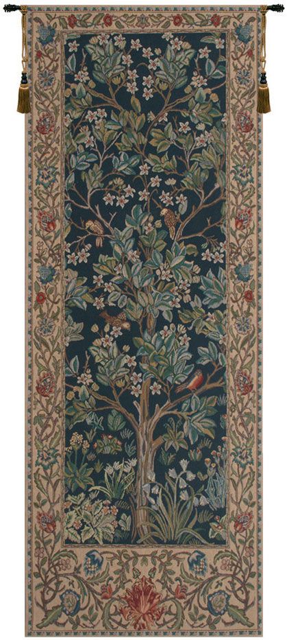 Tree of Life Blue William Morris Vertical Belgian Wall Tapestry Textile Motifs, Tree Of Life Tapestry, Firm Pillows, Tapestry Cushion, Modern Wall Decor Art, The Tree Of Life, Dark Blue Background, Woven Wall Hanging, Tapestry Throw