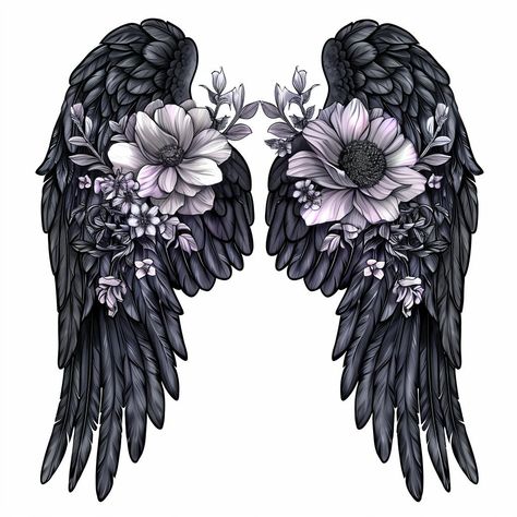 Angel Wings On Back Tattoo For Women, Angel Wings Tattoo With Flowers, Sunflower Tattoos Black And White, Angel Wings Back Tattoo Women, Floral Wings Tattoo, Dark Angel Wings Tattoo, Angel Wings Rose Tattoo, Black Wings Tattoo, Angel Wing Tattoo Designs