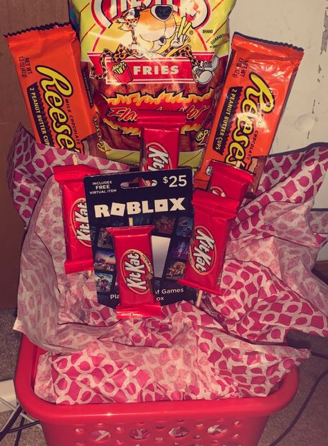 Kit Kats, Reeses, Hot fries and a roblox gift card 😂. Hot Fries Chips, Hot Fries, Birthday Baskets, Spiderman Gifts, Kids Gift Baskets, Roblox Gift Card, Birthday Basket, Birthday Gift Baskets, Roblox Gifts