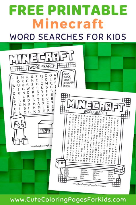 Download these fun and challenging Minecraft activity sheets for kids. 
We have two challenge levels and all of our word searches double as coloring pages to add to the fun. 
Grab both free printable PDFs. Minecraft Word Search, Minecraft Coloring Pages Free Printable, Minecraft Worksheets, Activity Pages For Kids Free Printables, Cute Coloring Sheets, Minecraft Activities, Cute Coloring Pages For Kids, Minecraft School, Word Search For Kids