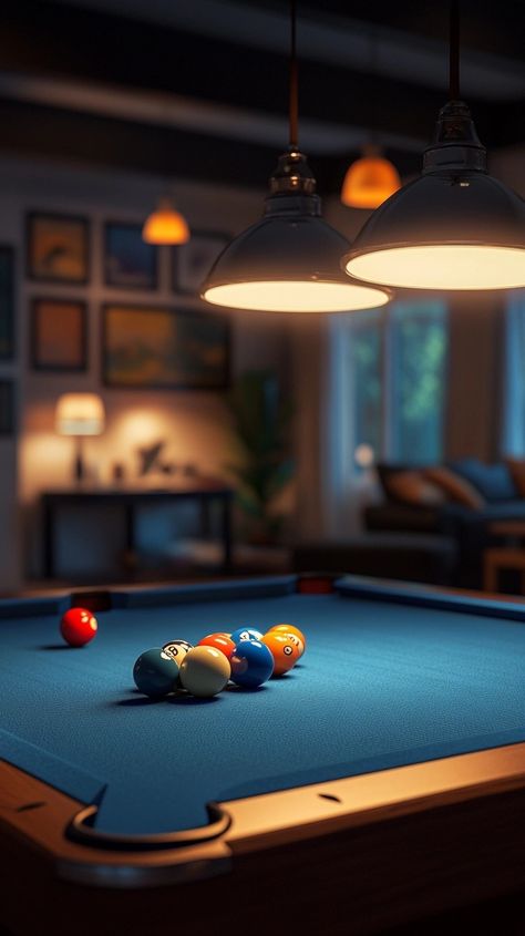 A Pixar-style room with a large pool table in the background and billiard balls on the table. The billiard ball is the main perspective. Pixar style, dim lighting shines on the table, soft light and shadow. Create a competitive atmosphere. This composition emphasizes depth by using perspective, focusing attention on the details within the center frame while allowing other elements to fade into the background. 8K, C4D, Billiards Art, Billiard Ball, Large Pool, Elegant Wall Art, 8 Ball, Dim Lighting, Pool Table, Billiard Balls, Soft Light