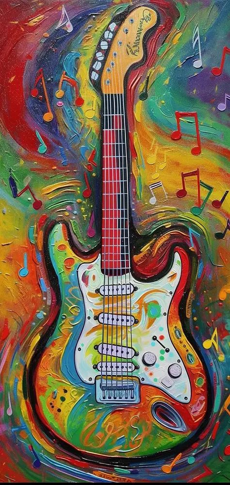 electric guitar, music notes Acrylic Painting Of Guitar, Abstract Guitar Art, Electric Guitar Painting On Canvas, Art Based On Music, Guitar Painting Ideas, Abstract Guitar Painting, Music Painting Ideas, Electric Guitar Painting, Guitar Painting On Canvas