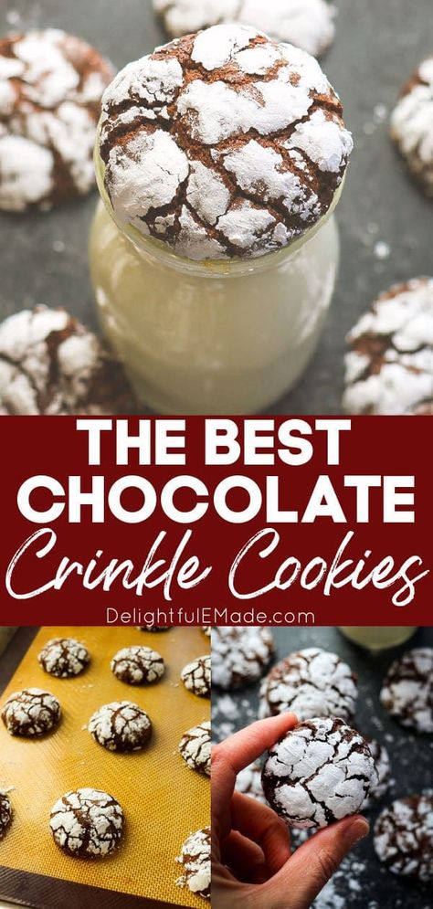 Are Chocolate Crinkles one of your favorite Chocolate Christmas Cookies? Then you definitely need to make this Chocolate Crinkle Cookie recipe for your next cookie exchange or Christmas party! Soft, chewy and perfect for leaving out for Santa on Christmas Eve! || Delightful E Made Chocolate Crinkles Recipe Chewy, Christmas Party Drink Recipes, Chocolate Crinkle Cookie Recipe, Chocolate Crinkle Cookie, Chocolate Crinkles Recipe, Crinkles Recipe, Chocolate Crinkle Cookies Recipe, Chewy Ginger Cookies, Chocolate Christmas Cookies