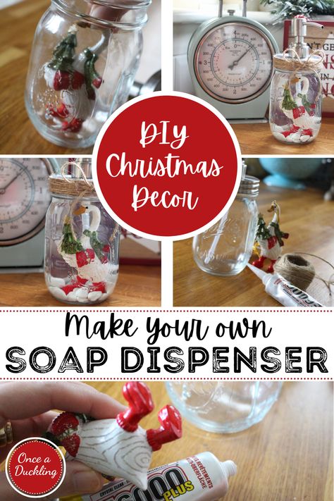 Making your own Christmas soap dispenser to add some festive touches to your bathroom or kitchen is the easiest project! No craft skill required! Diy Soap Dispenser Bottle, Diy Christmas Soap, Christmas Soap Dispenser, Snow Globe Mason Jar, Soap Dispenser Diy, Floating Ornaments, Mason Jar Soap Dispenser, Budget Crafts, Christmas Soap