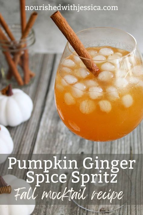 Pumpkin Ginger Spice Spritz - Easy Fall Mocktail Recipe - Nourished with Jessica Pumpkin Puree Drink Recipes, Virgin Fall Drinks, Mocktails Non Alcoholic Sugar Free, Thanksgiving Mocktail Recipe Easy, Pumpkin Mocktail Recipe, Fall Beverages Nonalcoholic, Sugar Free Mocktail, Fall Non Alcoholic Drinks, Thanksgiving Mocktail Recipe