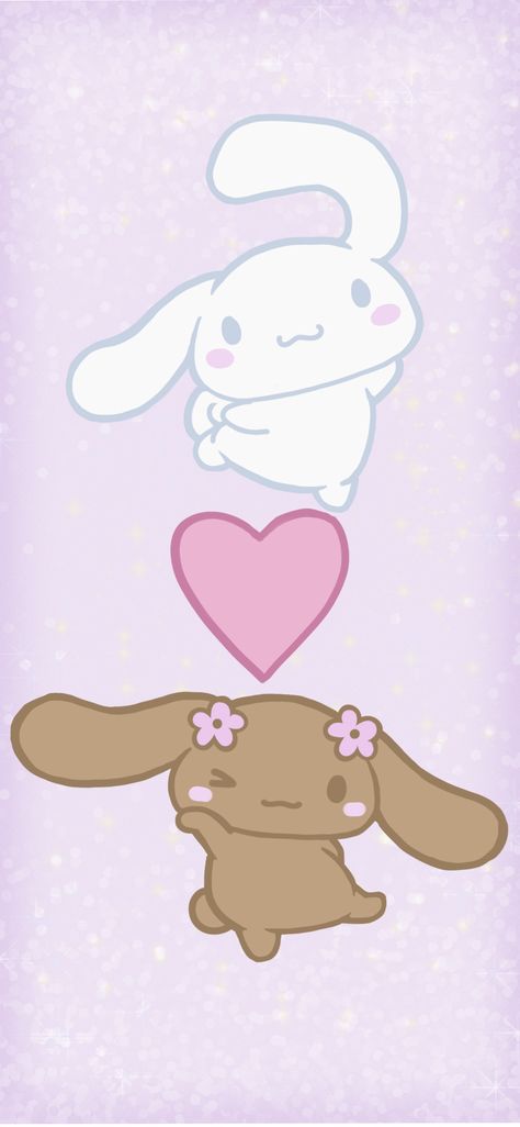 This image is tall with a light pink sparkly background. In the top middle is cinnamoroll, a white bunny who is moving to the right with his ears flopping behind him. In the center is a rosie pink colored heart. Below the heart is mocha, a light brown bunny with pink flowers by her ears, posing with her left paw up and right leg out. Both bunnies have a 3 shaped smile. Cinamoroll And Mocha Matching Pfp, Cinnamon Roll Poster Sanrio, Mocha Sanrio Wallpaper Ipad, Cinnamon Roll Sanrio Valentines Day, Cinna Roll Sanrio Wallpaper, Cinnamoroll Family Wallpaper, Mocha Cinnamoroll Wallpaper, Mocha Sanrio Background, Cinnamoroll And Mocha Matching Icons