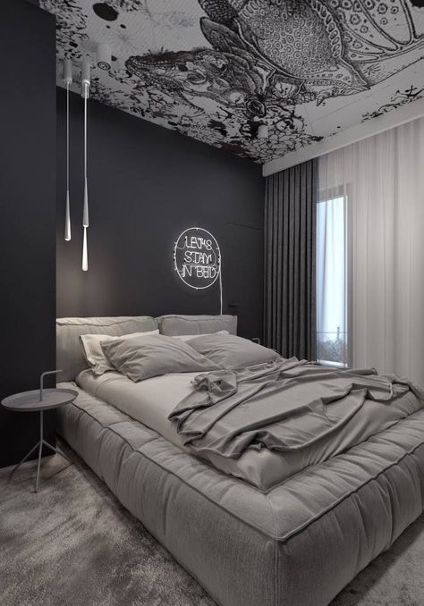 Cool Masculine Bedroom for Mens Blanc and Gray Colors Bedroom Apartment (Cool Bedrooms For Men) Contemporary Bedroom Design, Bedroom Interiors, Steel Bed, Mens Bedroom, Dekorasi Kamar Tidur, Nails Colors, Grey Room, Grey Bedroom, Ideas Nails