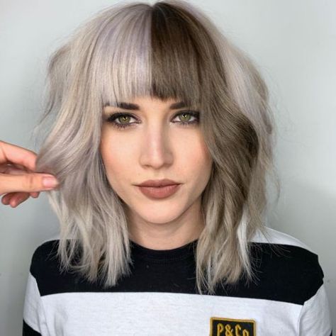 Middle Length Hair, Haircut Ideas Trendy, Medium Haircuts With Bangs, Shoulder Length Hair With Bangs, Wavy Bob Wig, Color Block Hair, Bangs Ideas, Bob Haircut Ideas, Bob Wig With Bangs