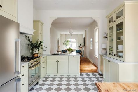 Peek Inside This Renovated Denver Victorian Home (PHOTOS) | Apartment Therapy 1920s Kitchen Remodel, Victorian Home Renovation, 1920s Kitchen, Old Victorian Homes, Built In Banquette, White Wash Brick, Gray And White Kitchen, Victorian Kitchen, Fall Kitchen