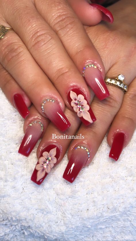 Nailart Designs Bridal, Red And Gold Bridal Nails, Red Nails With 3d Flower Design, Bridal Nail Extensions Brides, Wedding Red Nails For Bride, Bridal Red Nails Wedding, Nail Art Design For Bride, Red Bride Nails, Bride Nails Red