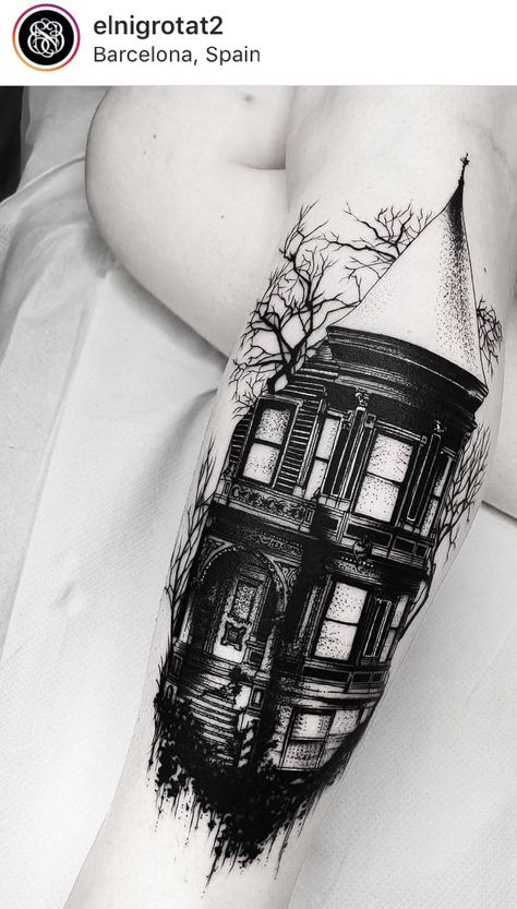 Haunted House Tattoo, Wood Tattoo, Evil Tattoo, Bat Tattoo, Spooky Tattoos, Dark Art Tattoo, Home Tattoo, Blackwork Tattoo, Tattoo Ideas Design