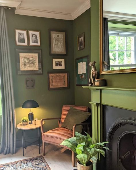 Green Parlor Room, Dark Olive Green Walls Living Room, Small Dark Green Room, Rooms With Green Walls, Warm Green Color Palette, Green Living Room Walls, Olive Living Rooms, Victorian Terrace Interior, Green Walls Living Room