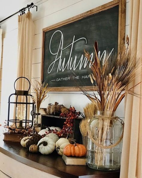 Farmhouse Fall Decorations — Kevin Szabo Jr Plumbing - Plumbing Services│Local Plumber│Tinley Park, IL Decoration Vitrine, Fall Mantle, Fall Decor Inspiration, Autumn Display, Fall Thanksgiving Decor, Fall Deco, Autumn Decorating, Farmhouse Fall Decor, Fall Mantel