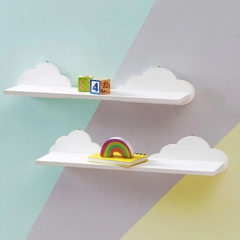 2x Floating White Wooden Cloud Shelves Children's Nursery Storage Novelty Unit | eBay Cloud Shelves, Book Ornaments, Baby Room Shelves, Ledge Shelf, Clouds Nursery, Babies Room, Cloud Shape, Cloud Design, Childrens Lighting