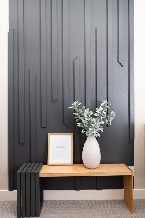 Sharing a fun, weekend DIY project! A modern slat wall design! Stairwell Feature Wall Ideas, Slats Wall, Stairwell Accent Wall, Modern Wall Paneling, Accent Wall Designs, Wall Paneling Diy, Diy Accent Wall, Accent Walls In Living Room, Wallpaper Accent Wall