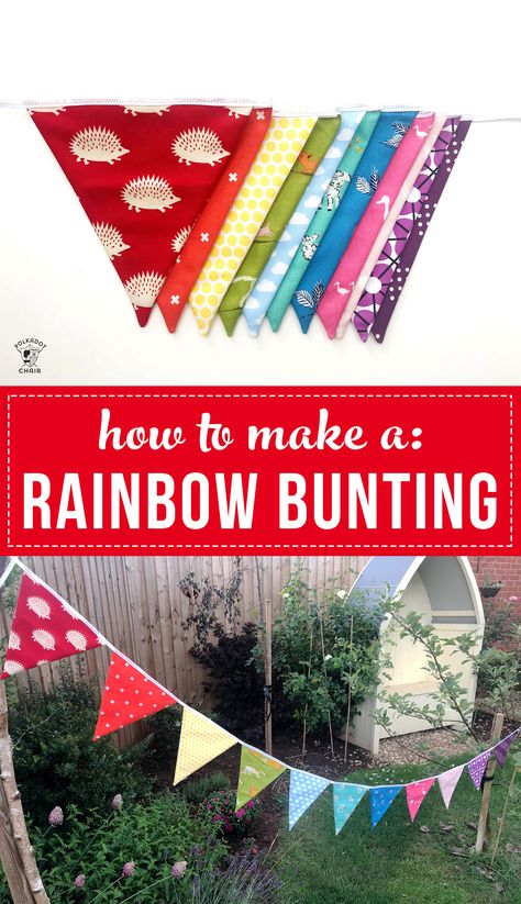 Free tutorial for a flag bunting. Includes bunting templates. Learn how to make a simple rainbow bunting. Perfect for a party! #bunting #DIYbunting #buntingtutorial #flagbunting #buntingtemplates via @polkadotchair Bunting Tutorial, Bunting Template, Bunting Diy, Rainbow Bunting, Beginner Sewing, Sewing Tutorials Free, Fabric Bunting, Beginner Sewing Projects Easy, Sewing Stitches