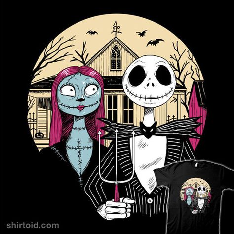 Nightmare Gothic | Shirtoid #americangothic #film #grantwood #jackskellington #movies #sally #thenightmarebeforechristmas #vincenttrinidad Jack Y Sally, Gothic Rug, Halloween Film, Tim Burton Art, American Gothic, Gothic Halloween, Jack And Sally, Christmas Drawing, Christmas Stickers